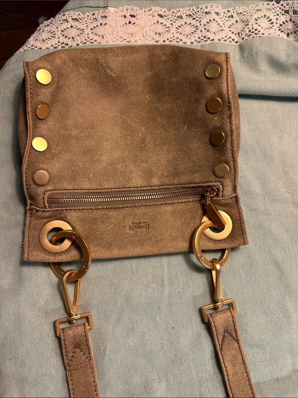 Hammitt Taupe Suede Crossbody with Gold Studs